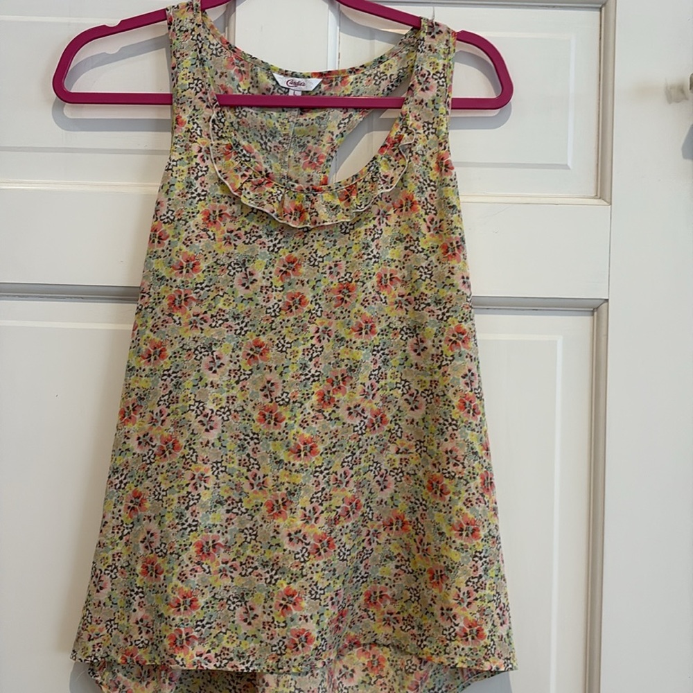 Candie’s Floral Sleeveless Top with Ruffle Collar and Back Detail